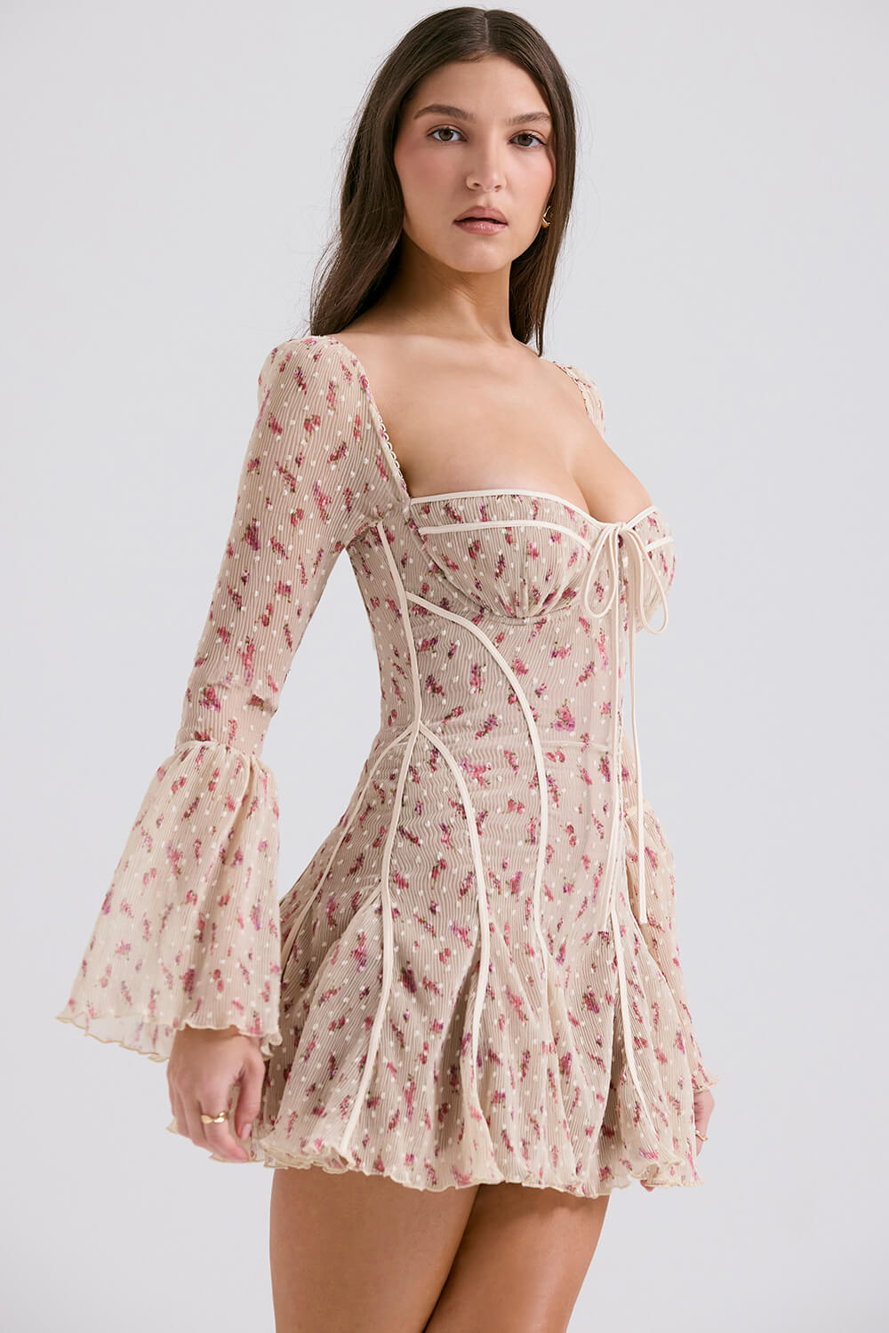 Vintage cream rose print corset dress